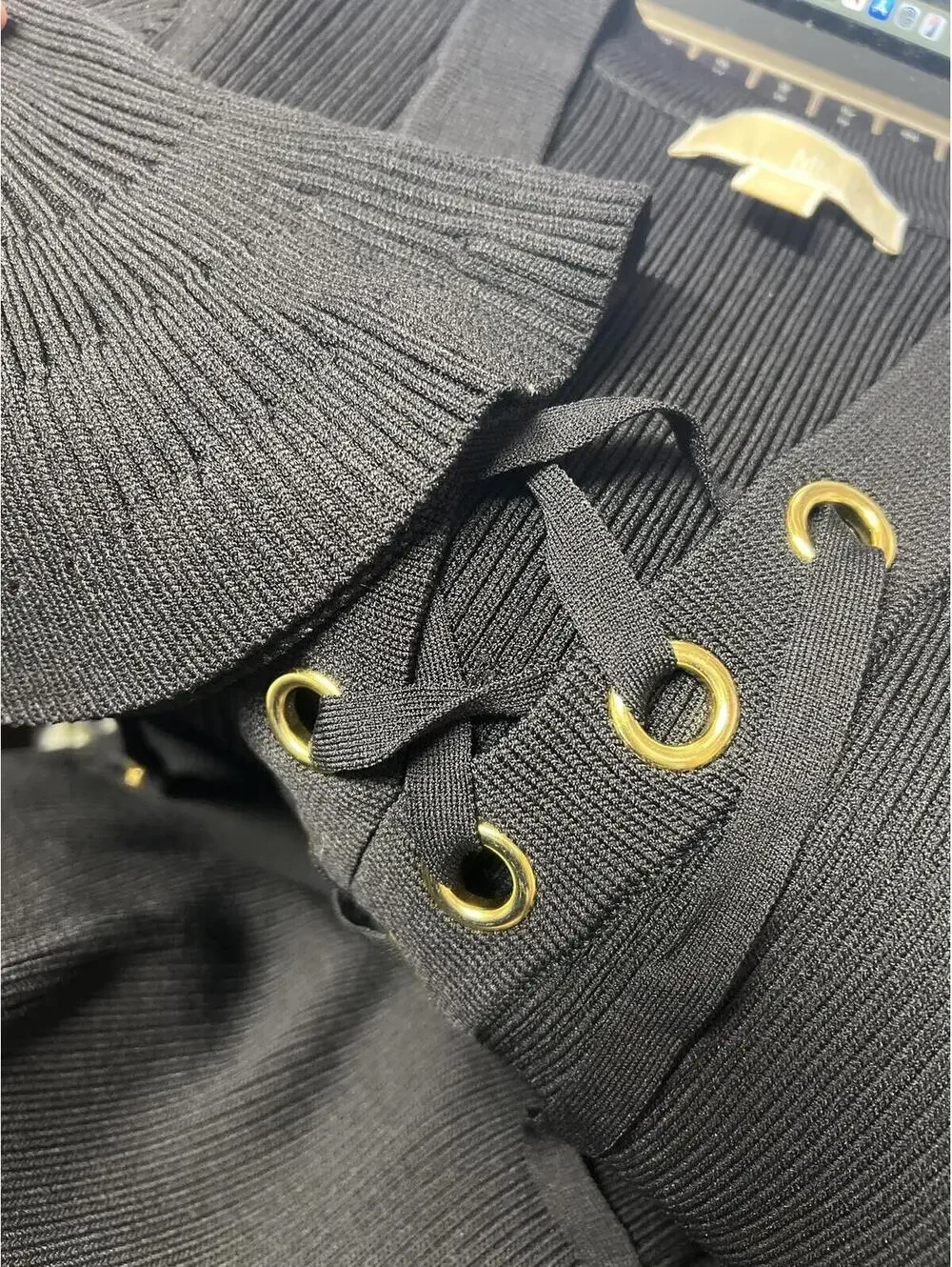 Michael Kors Black Ribbed Lace-Up Knee Length Dress M $325